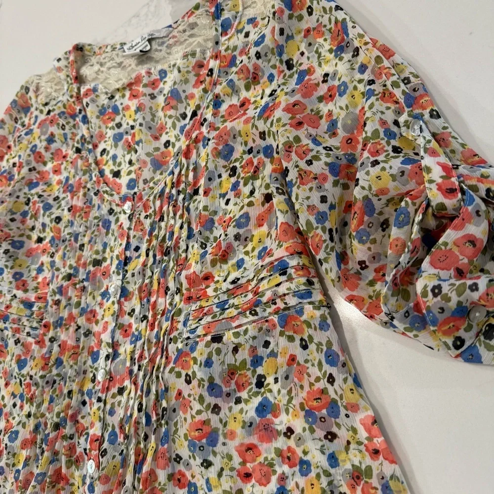 American Rag Cie Cottagecore Floral Tie Back Sheer Peasant Top Womens Small Lace - Picture 3 of 7